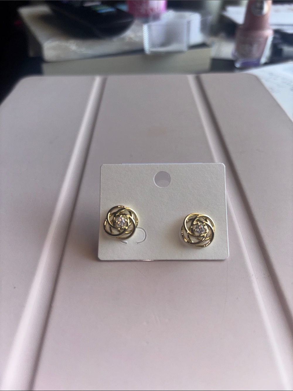 Gold Flower Knot Stud Earrings with Crystal Center - Women Jewelry